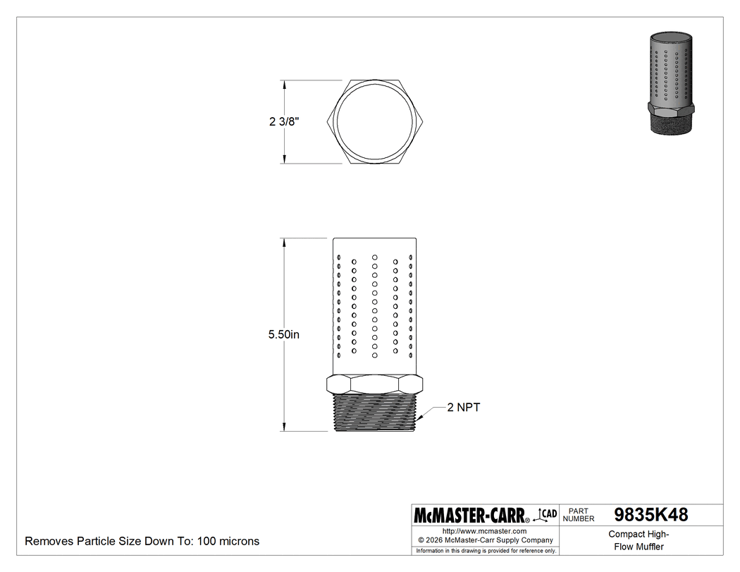 Technical Drawing of Compact High-Flow Muffler, with 2 NPT Male Zinc-Plated Steel Fitting.